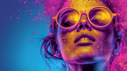 A woman with colorful hair and glasses is the main focus of the image