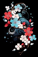 Graceful Cherry Blossom Branch with Delicate Flowers and Swirling Petals on Black Background