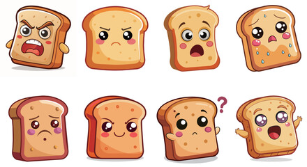 Vector Cartoon Toast Bread Figures Collection with Various Different Expressions