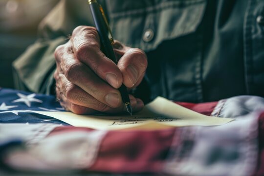 Close-up of a Caucasian elderly male hand writing on a piece of paper, with an American flag in the background. The focus is on the hand and pen. memorial day concept - Powered by Adobe