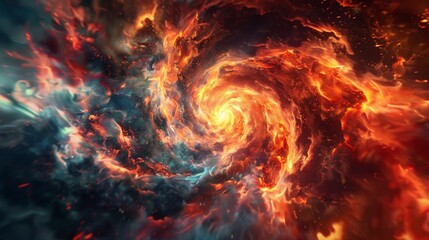 An electrifying portrayal of an intense abstract fiery vortex, filled with swirling bright light and glowing particles that exude dynamic motion and energy