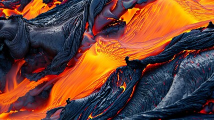 A close-up of flowing lava, showcasing its bright orange color and molten texture.