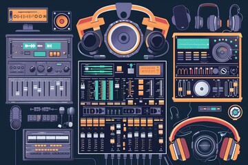 Fototapeta premium Indie podcast setup flat design top view broadcasting equipment theme cartoon drawing Triadic Color Scheme