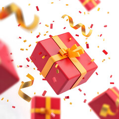 3d rendering red gifts with yellow ribbons flying in the space