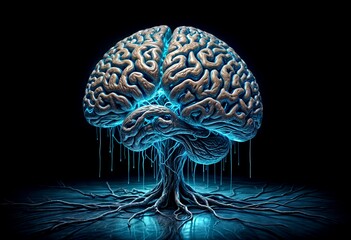 A glowing, abstract brain-like structure with colorful, branching neural pathways against a dark background
