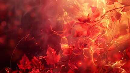 An enchanting Autumn background web design banner adorned with rich red autumn leaves and ethereal color smoke