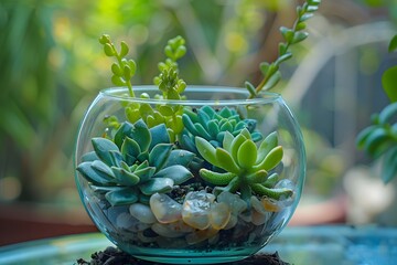 Succulent Terrarium DIY at Glass container. Multicolor succulents with decorative rocks. Summer season decoration concept