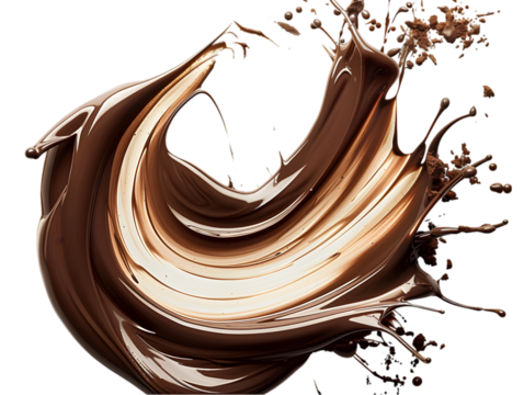 A wave of chocolate - colored cocoa is circling, representing a cocoa drop isolated on transparent background. 