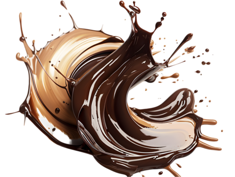 A wave of chocolate - colored cocoa is circling, representing a cocoa drop isolated on transparent background. 