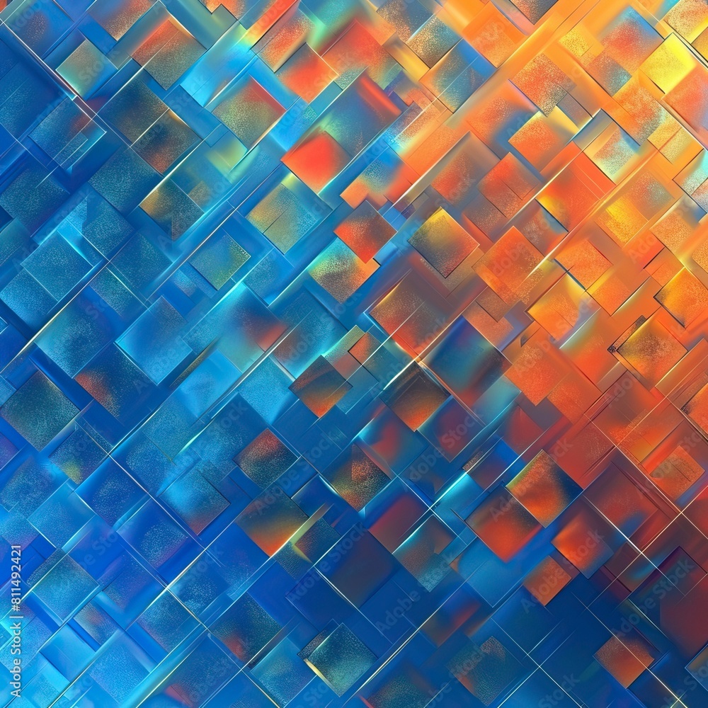 Wall mural abstract background with a pattern of squares in blue and orange colors