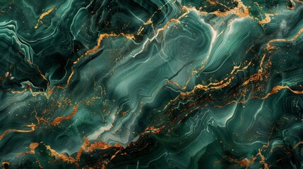 An exquisite close-up capture of a green marble surface adorned with golden veins, their fluid and organic patterns creating a sense of movement and dynamism
