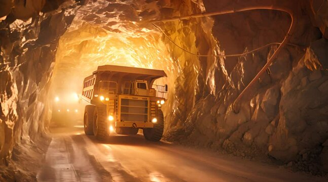 Large mining truck loaded with ore drives through a vividly lit underground tunnel, showcasing the harsh yet visually captivating environment of an active mine.