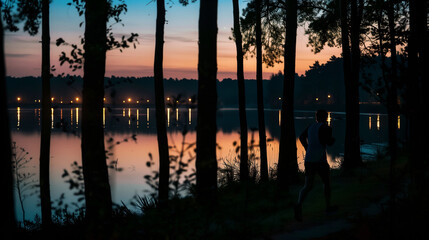 A jogger running on a lakeside path at dawn.