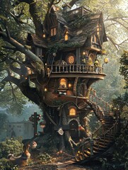 Obraz premium Childs dream of a magical treehouse in an enchanted forest, surrounded by friendly woodland creatures