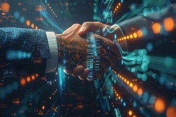 Close up of a cybersecurity agreement handshake, illustrating the partnership of two corporate entities with advanced firewall and data protection technologies