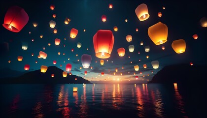 Colorful lanterns float in the air against a night sea backdrop, their vivid colors illuminated, creating a serene, mystical atmosphere.