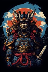 Fototapeta premium Powerful Samurai Warrior in Full Armor Ready for Intense Battle on Dark Background with Bold Outline Cartoon Style