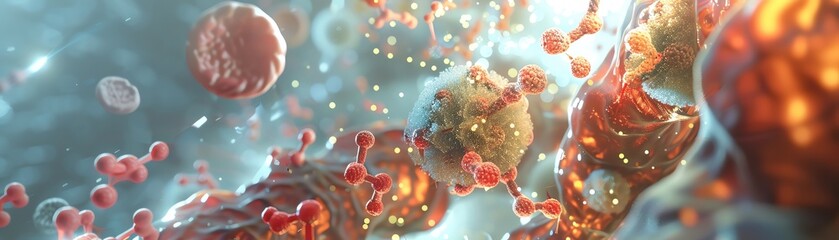 Detailed animation of a drug molecule interacting with human cells, using advanced simulation technology for medical research
