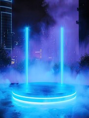 Neon blue floating podium in a misty urban landscape at night, creating a mysterious and alluring presentation space