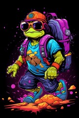 Radical Turtle Character Rocking Retro 90s Synthwave Gear on Bold Colorful Background