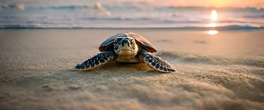 baby sea turtle heading towards the waves