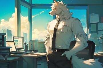 cartoon illustration, an office boss wolf