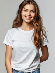 Fototapeta premium Woman wearing white tshirt mockup created with generative AI