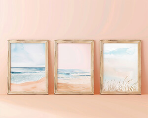 Three light wood frames on a soft peach background each with serene beach and ocean watercolor paintings