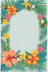 Tropical flowers and leaves frame with text space. Vibrant and inviting design.