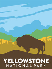 Yellowstone national park with beautiful views and bison silhouettes