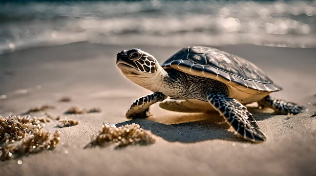 baby sea turtle heading towards the waves