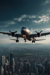 A large passenger plane soaring above a city skyline. Generative AI