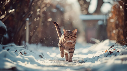 cat walking on the snow white or trees snow path 