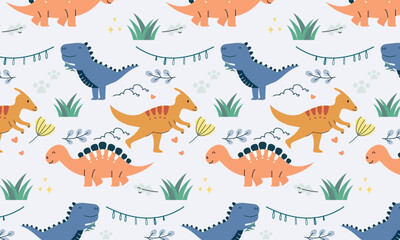 Seamless pattern with cute dinosaur vector © RizalHans