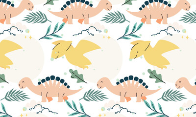 Seamless pattern with cute dinosaur vector