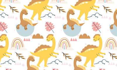 Seamless pattern with cute dinosaur vector