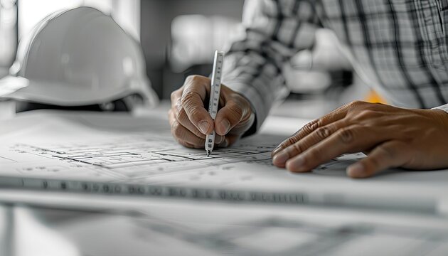 A focused view of a hand making precise measurements on a building blueprint, with an architects helmet in the foreground