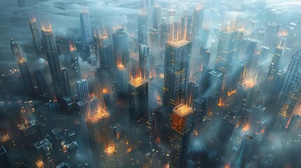 A futuristic cityscape with buildings shaped like blockchain blocks, symbolizing a blockchainpowered society