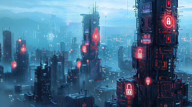 A futuristic cityscape with digital locks and security symbols on buildings, representing a cybersecured smart city