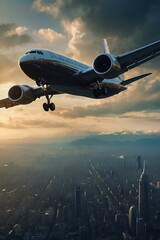 Airplane flying over a bustling city below. Generative AI