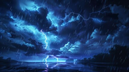 The image depicts a dramatic night-time scene with a thunderstorm in progress. The sky is filled with dark, ominous clouds, illuminated from within by the jagged, white shapes of lightning bolts. Ther