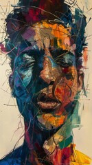An abstract painting of a wireframe portrait, with fragmented lines and shapes suggesting the complexity of human identity