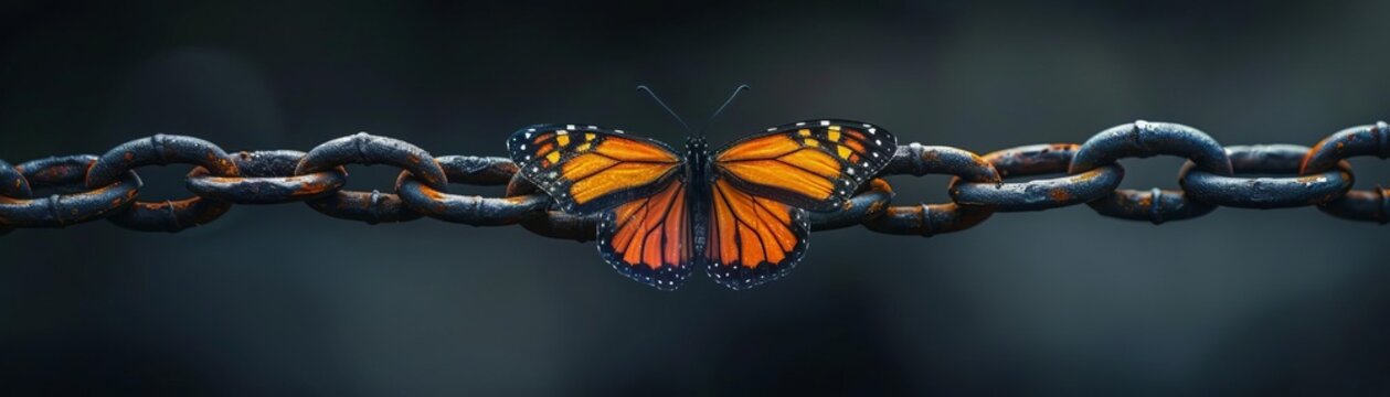 A broken chain link transforming into a butterfly, symbolizing the metamorphosis from bondage to freedom