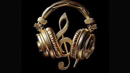 A pair of golden-colored over-ear headphones stands out against a pure black background. The...