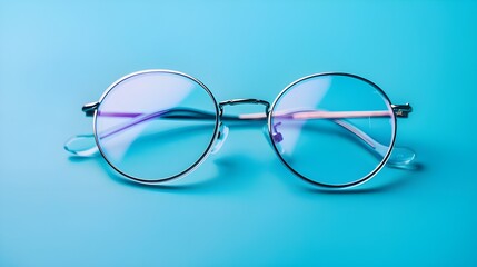 Pair of classic metal-framed glasses. Modern fashionable eye glasses isolated on blue background.