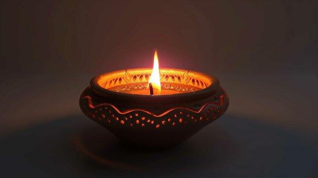 The image features a close-up of a single lit terracotta candle with a bright flame at the center. The candle's design includes intricate patterns and holes around the rim, allowing the light to emana