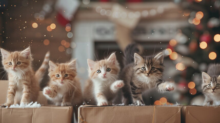 cat in the box cat on the party and making a fun with firend on crismus day