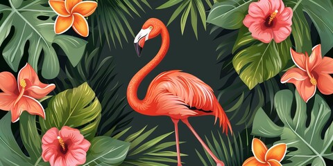 Pink flamingo stands on one leg in front of tropical green leaves and pink flowers.