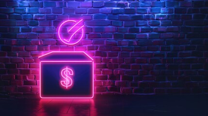 A neon sign with a dollar sign on it is lit up on a brick wall - obrazy, fototapety, plakaty