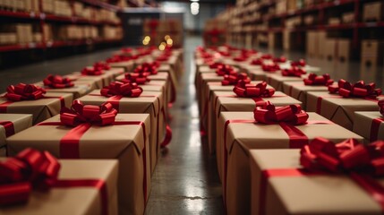 Numerous Brown Gift Boxes with Red Ribbons Arranged Neatly in Rows,  Festive Atmosphere for Special Events, Shopping and delivery product boxes promoting free or discounted shipping, online shoppers